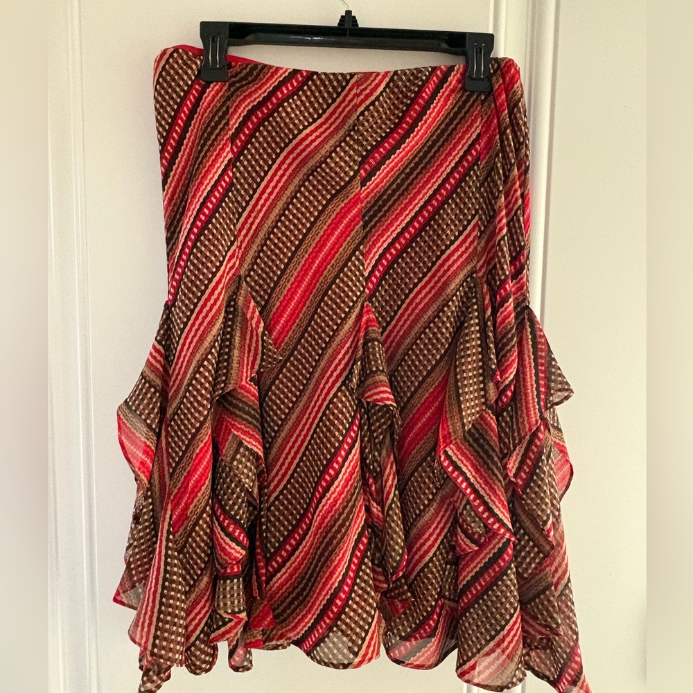 Ralph Lauren Chic Asymmetrical Striped Skirt in Brown and Red in Size Medium